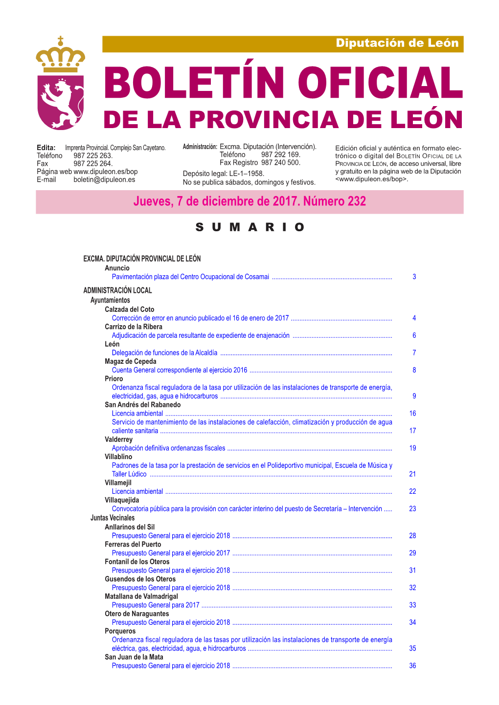 BOLETÍN OFICIAL DE LA PROVINCIA DE LEÓN Edita: Imprenta Provincial