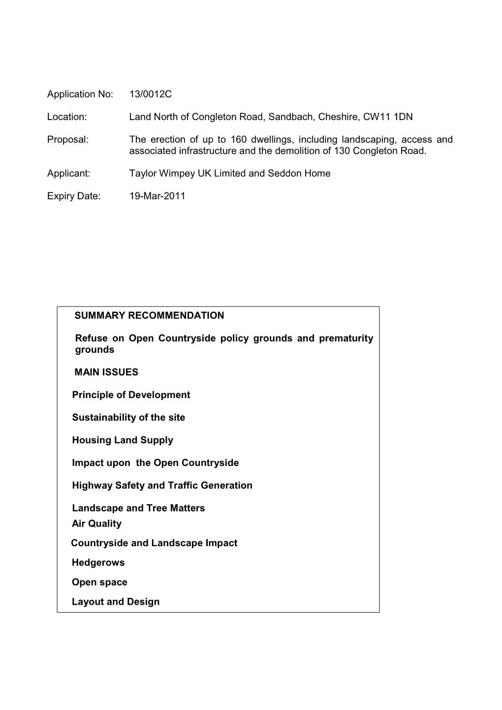 13/0012C Location: Land North of Congleton Road, Sandbach, Cheshire, CW11 1DN Proposal