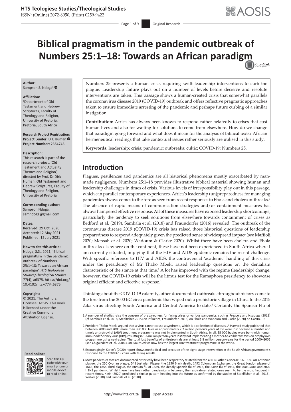 Biblical Pragmatism in the Pandemic Outbreak of Numbers 25:1–18: Towards an African Paradigm