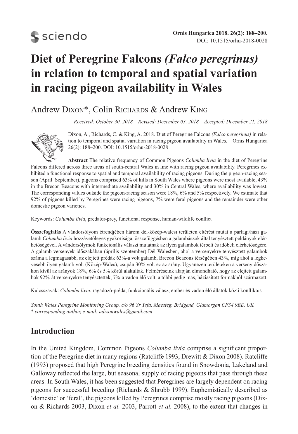 Diet of Peregrine Falcons (Falco Peregrinus) in Relation to Temporal and Spatial Variation in Racing Pigeon Availability in Wales