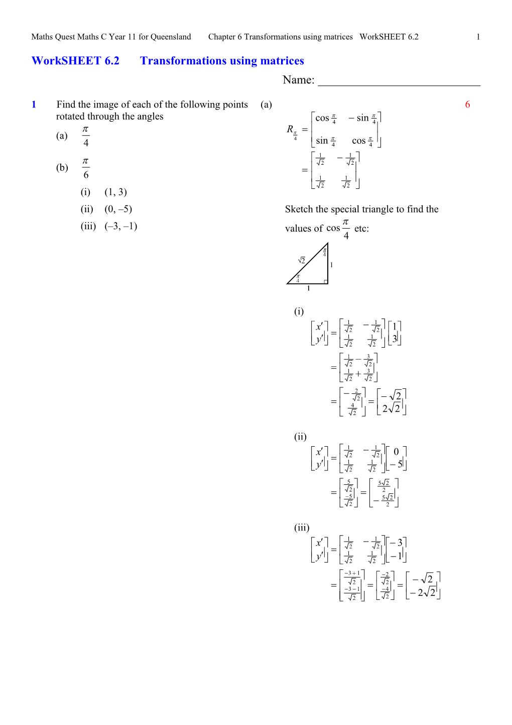 Worksheet 6.2 Transformations Using Matrices