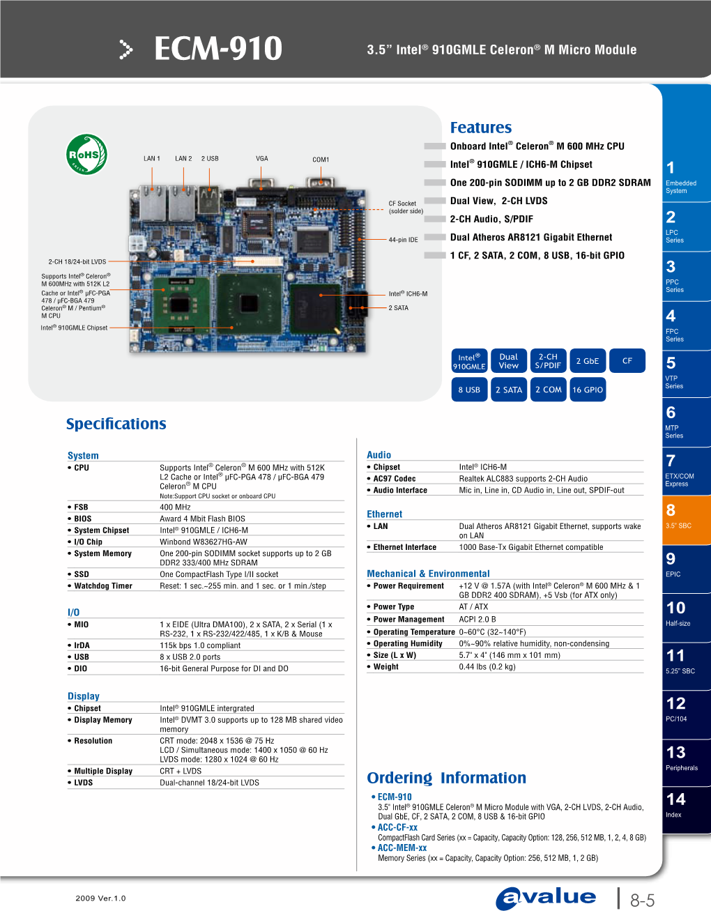 ECM-910 3.5” Intel® 910GMLE Celeron® M Micro Module