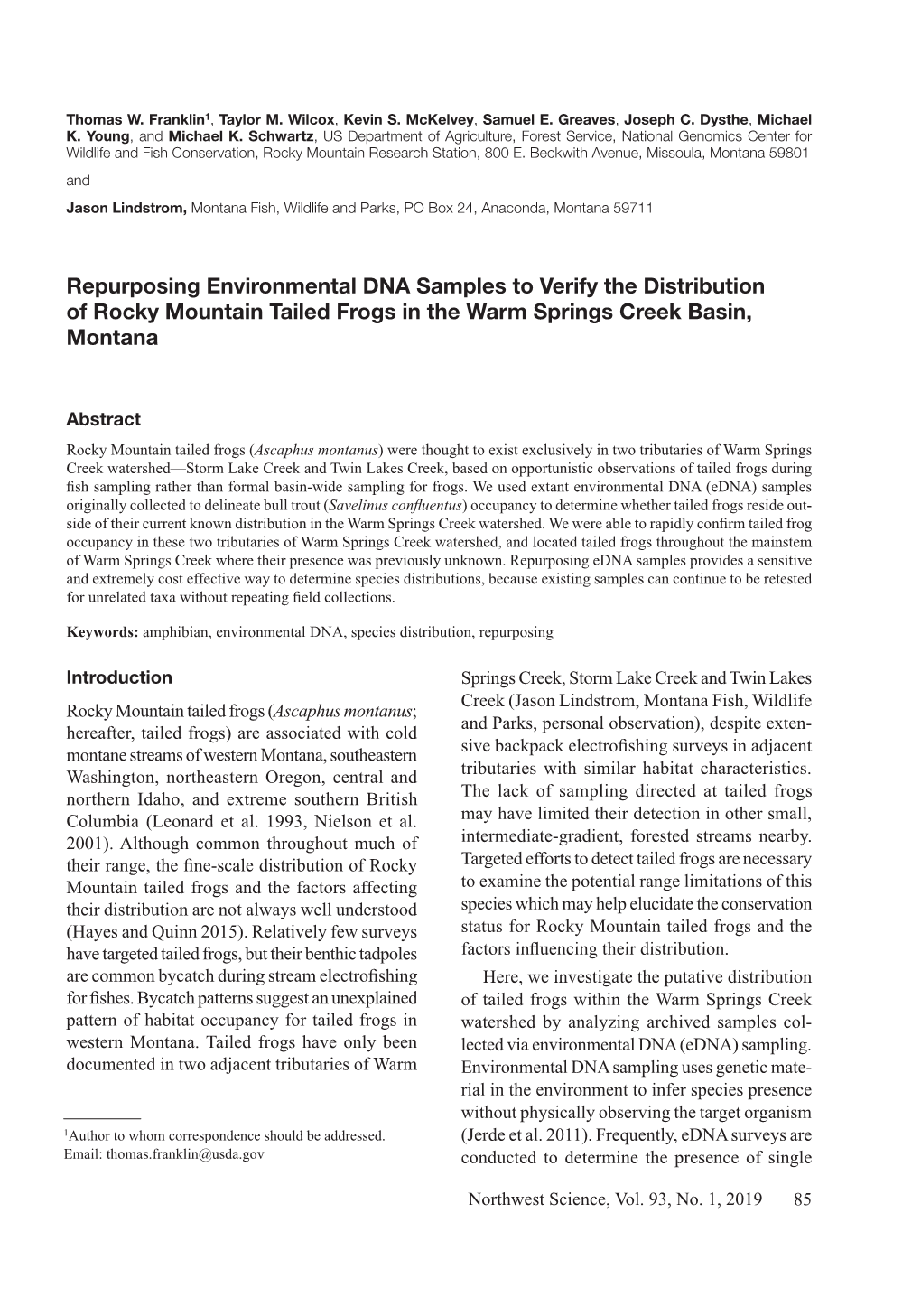 Repurposing Environmental DNA Samples to Verify the Distribution of Rocky Mountain Tailed Frogs in the Warm Springs Creek Basin, Montana