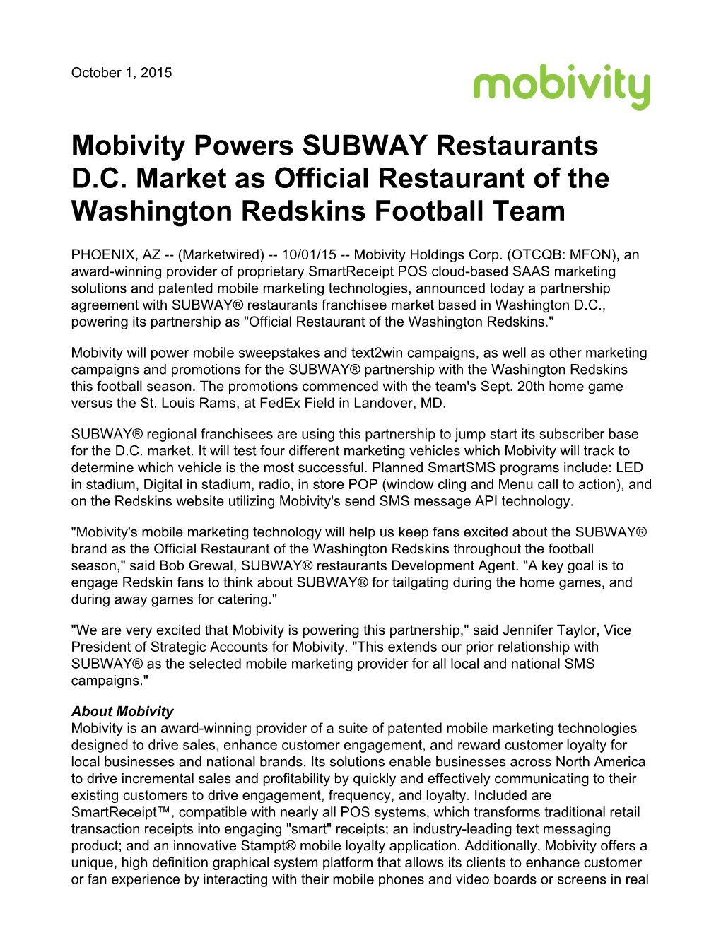 Mobivity Powers SUBWAY Restaurants D.C. Market As Official Restaurant of the Washington Redskins Football Team