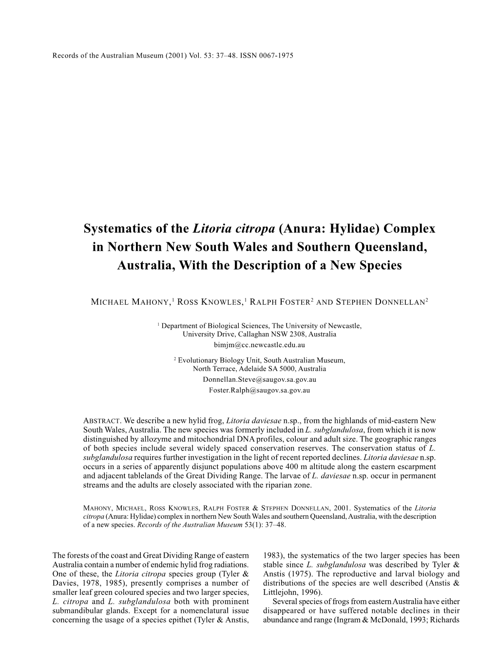 Systematics of the Litoria Citropa (Anura: Hylidae) Complex in Northern New South Wales and Southern Queensland, Australia, with the Description of a New Species