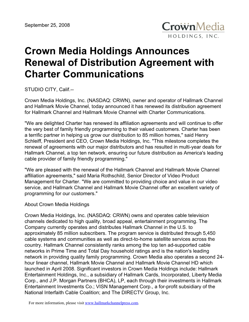 Crown Media Holdings Announces Renewal of Distribution Agreement with Charter Communications