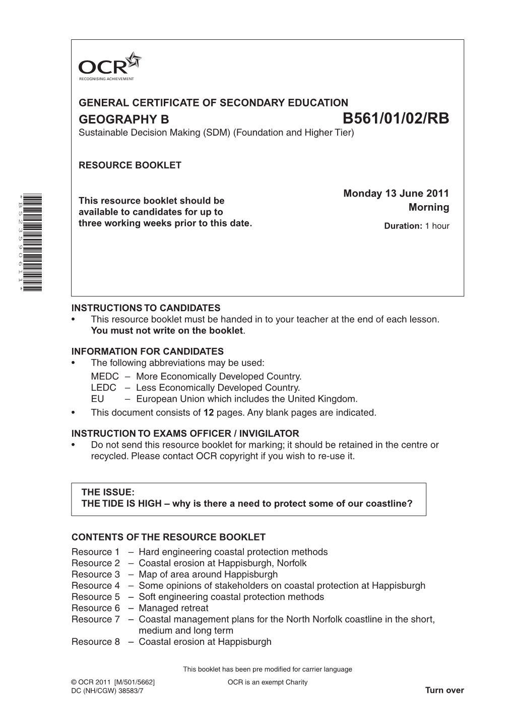 B561/01/02/RB Sustainable Decision Making (SDM) (Foundation and Higher Tier)