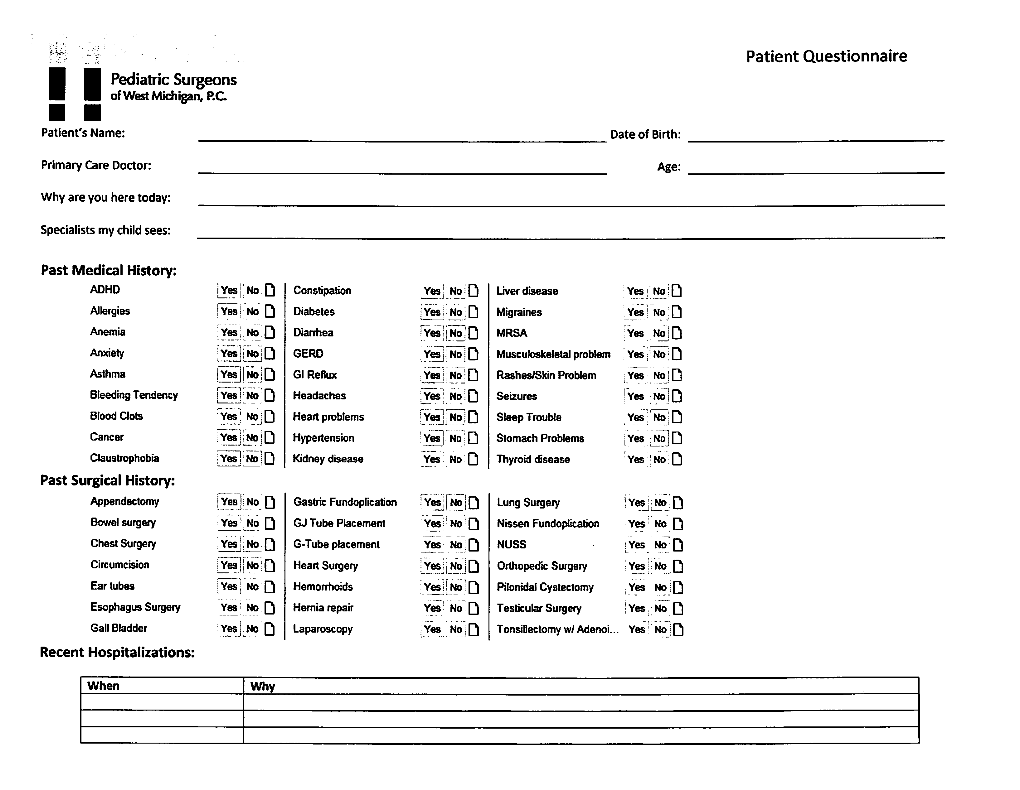 Pediatric Surgeons of West Michigan, PC Review of Systems