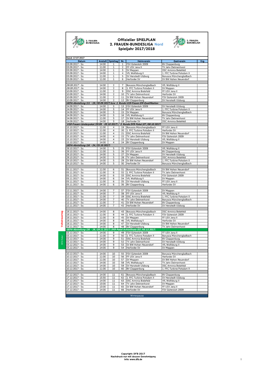 Offizieller Spielplan 2. FBL Nord 17-18