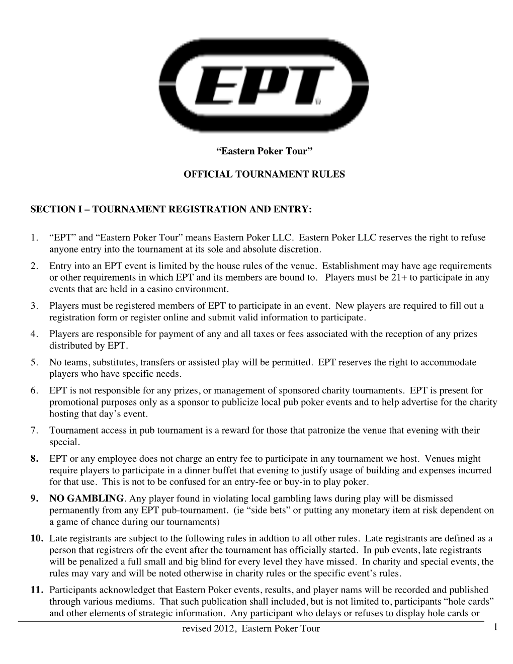 Official Tournament Rules Section I – Tournament Registration