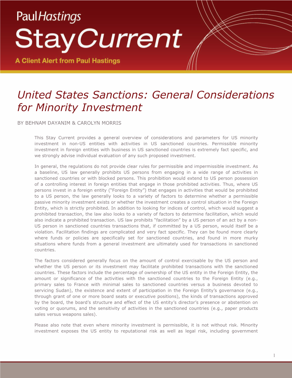 United States Sanctions: General Considerations for Minority Investment