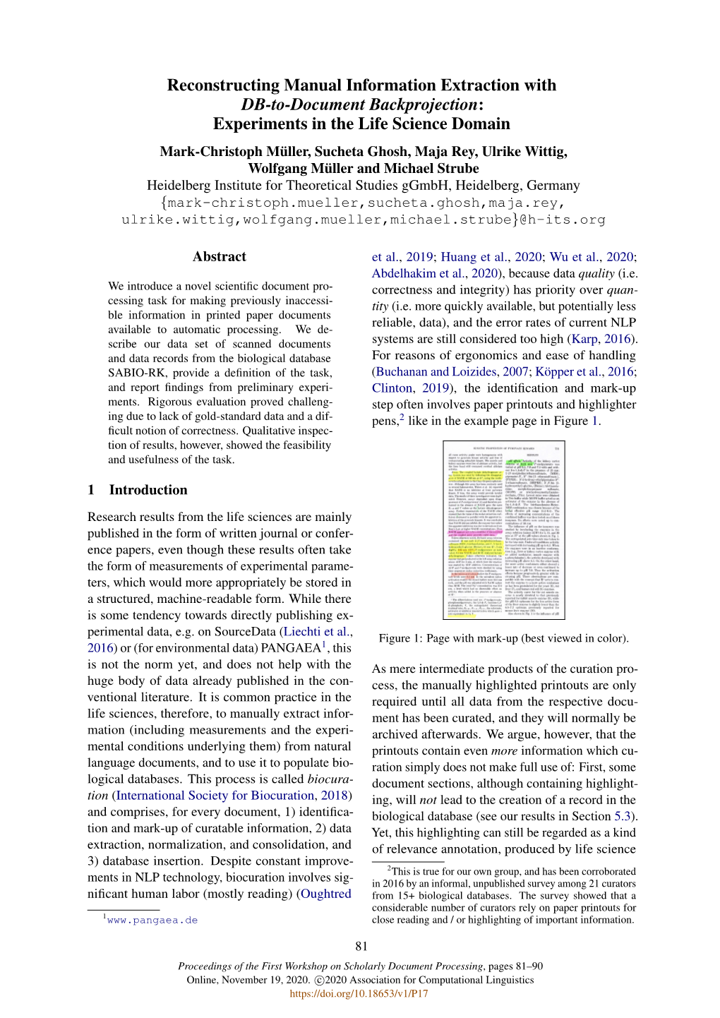 Reconstructing Manual Information Extraction with DB-To-Document Backprojection: Experiments in the Life Science Domain