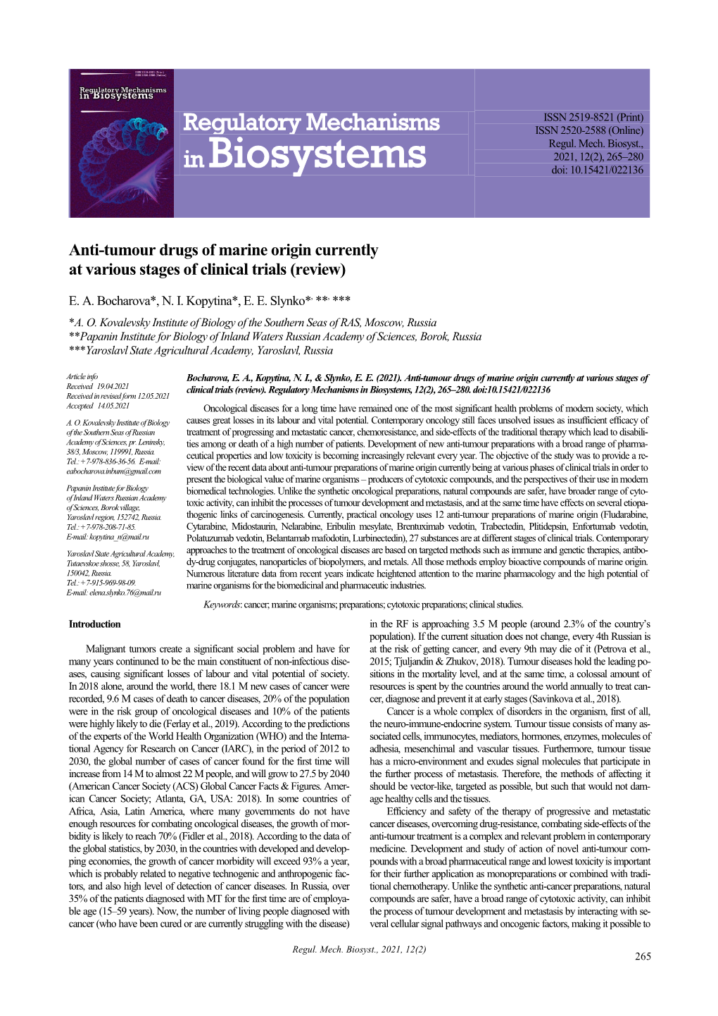 Regulatory Mechanisms in Biosystems, 12(2), 265–280