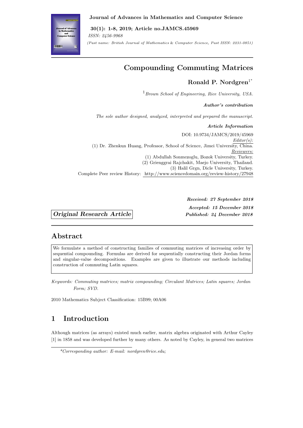 Compounding Commuting Matrices Abstract 1 Introduction