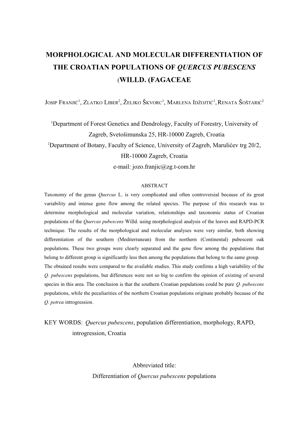 Molecular Differentiation and Taxonomic Status of the Croatian Populations of Quercus Pubescens