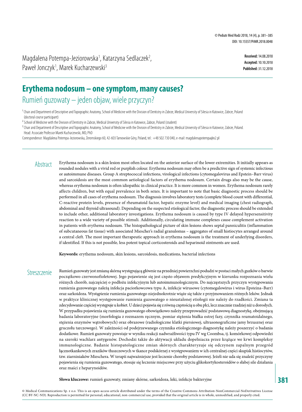 Erythema Nodosum – One Symptom, Many Causes? Rumień Guzowaty – Jeden Objaw, Wiele Przyczyn?