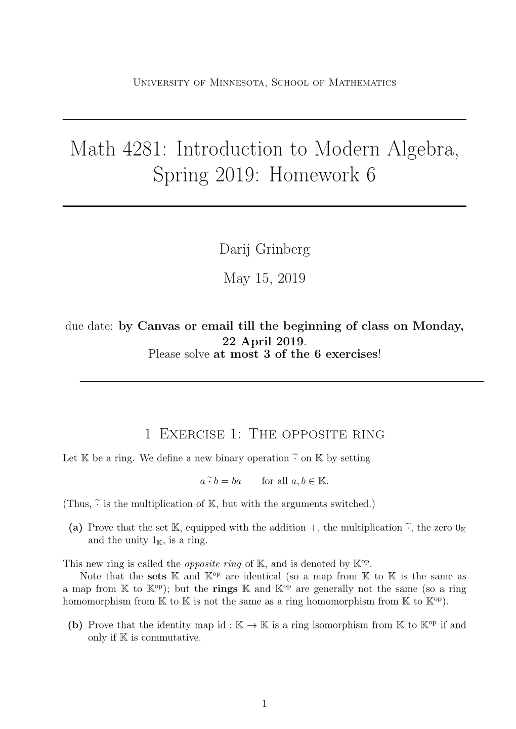 Math 4281: Introduction to Modern Algebra, Spring 2019: Homework 6