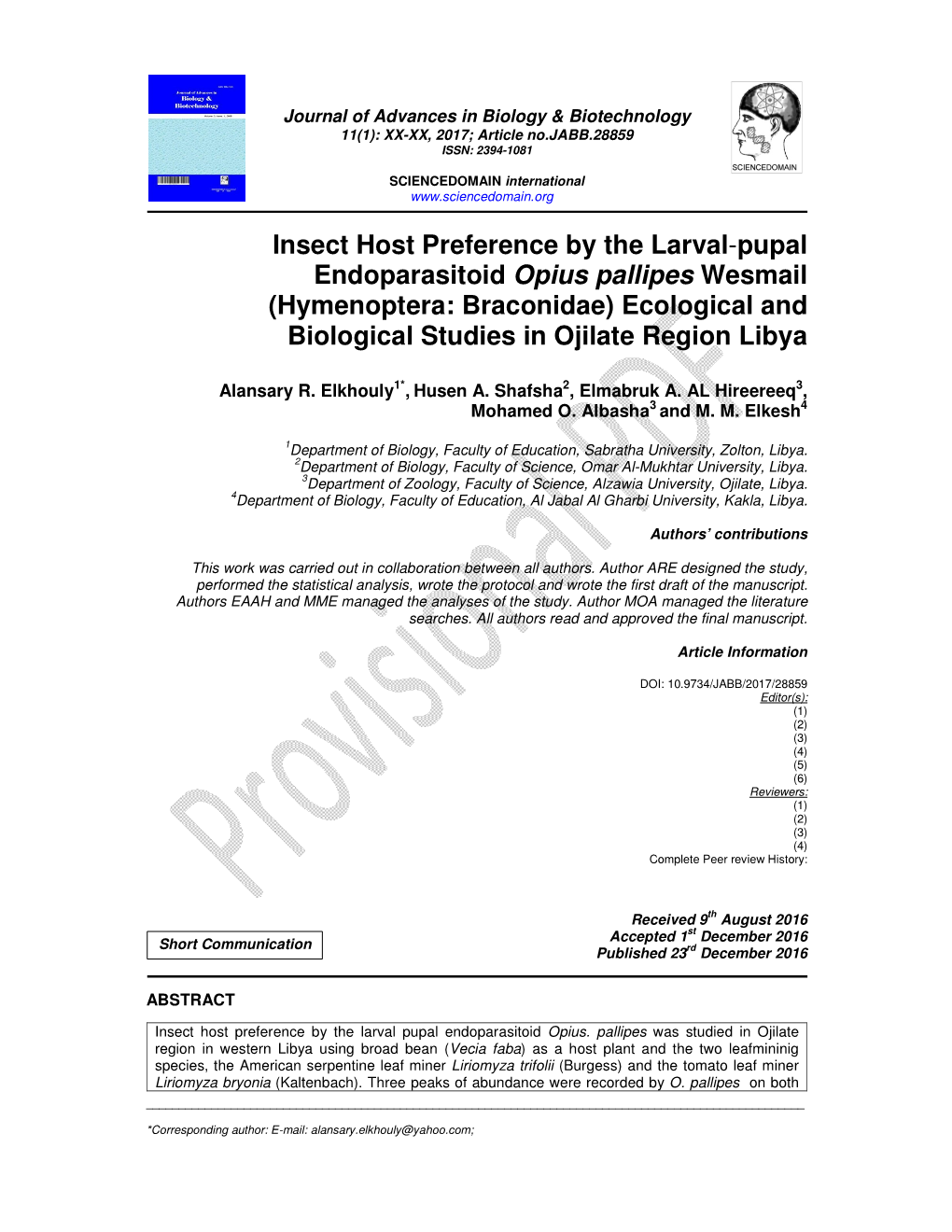 Insect Host Preference by the Larval-Pupal Endoparasitoid Opius