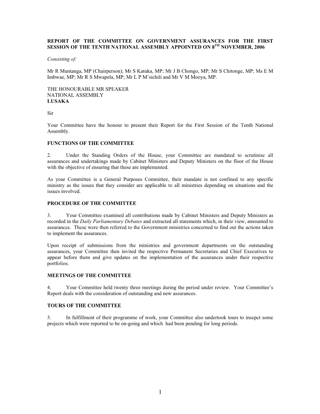 Report of the Committee on Government Assurances for the First Session of the Tenth National Assembly Appointed on 8Th November, 2006