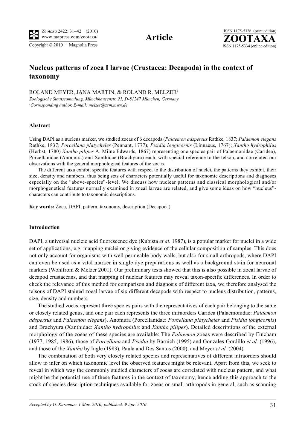 Crustacea: Decapoda) in the Context of Taxonomy