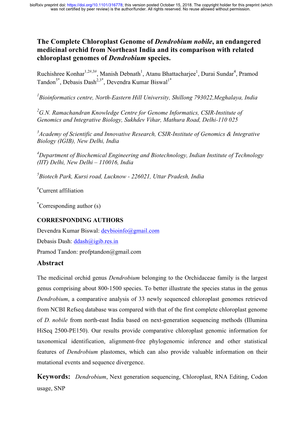 The Complete Chloroplast Genome of Dendrobium Nobile, An