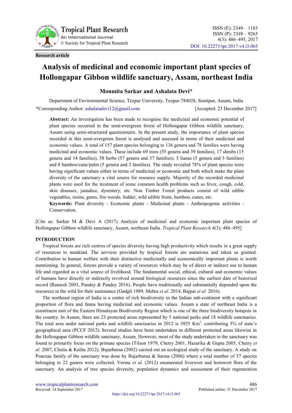 Analysis of Medicinal and Economic Important Plant Species of Hollongapar Gibbon Wildlife Sanctuary, Assam, Northeast India