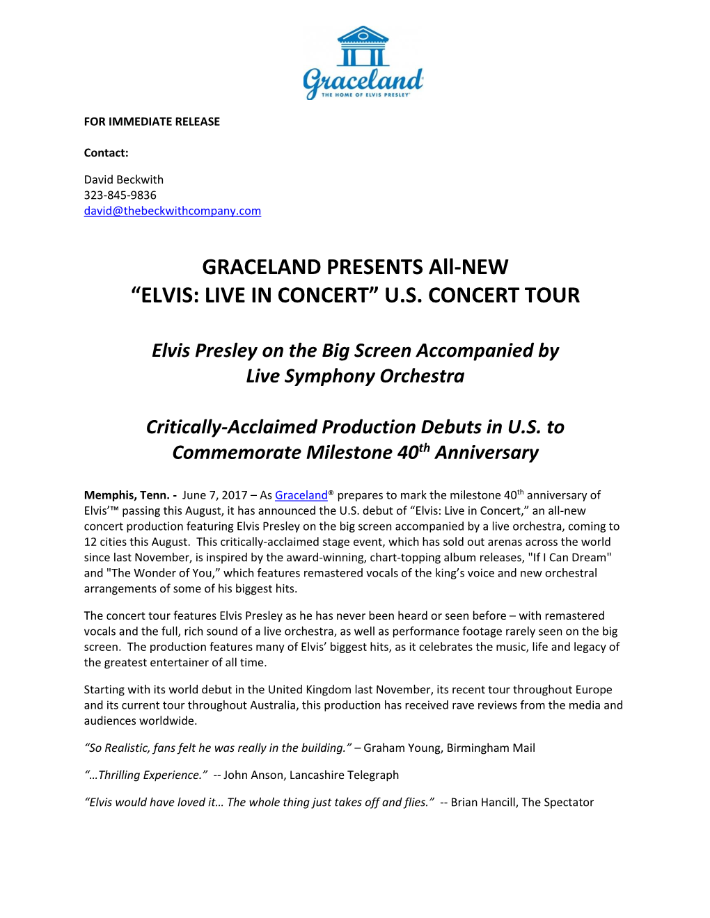 GRACELAND PRESENTS All-NEW “ELVIS: LIVE in CONCERT” U.S. CONCERT TOUR