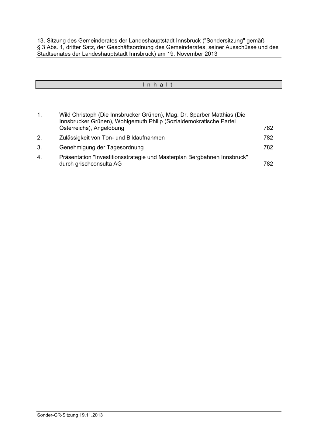 13. Sitzung Des Gemeinderates Der Landeshauptstadt Innsbruck (