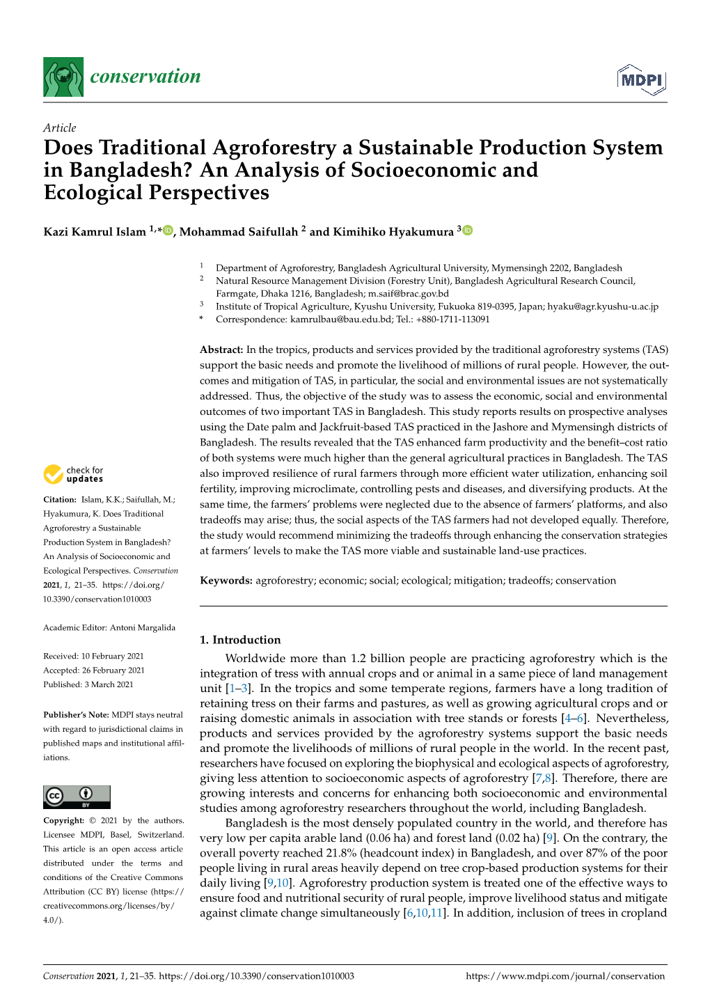 Does Traditional Agroforestry a Sustainable Production System in Bangladesh? an Analysis of Socioeconomic and Ecological Perspectives