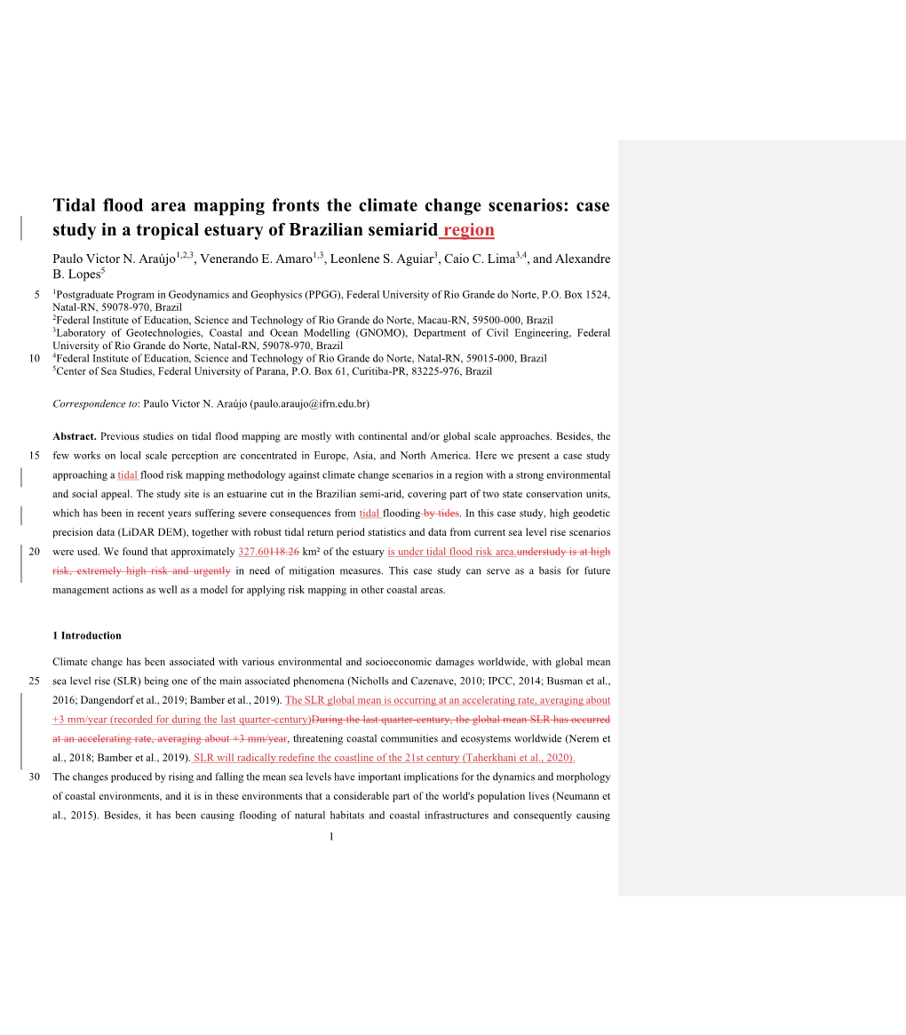 Tidal Flood Area Mapping Fronts the Climate Change Scenarios: Case Study in a Tropical Estuary of Brazilian Semiarid Region Paulo Victor N