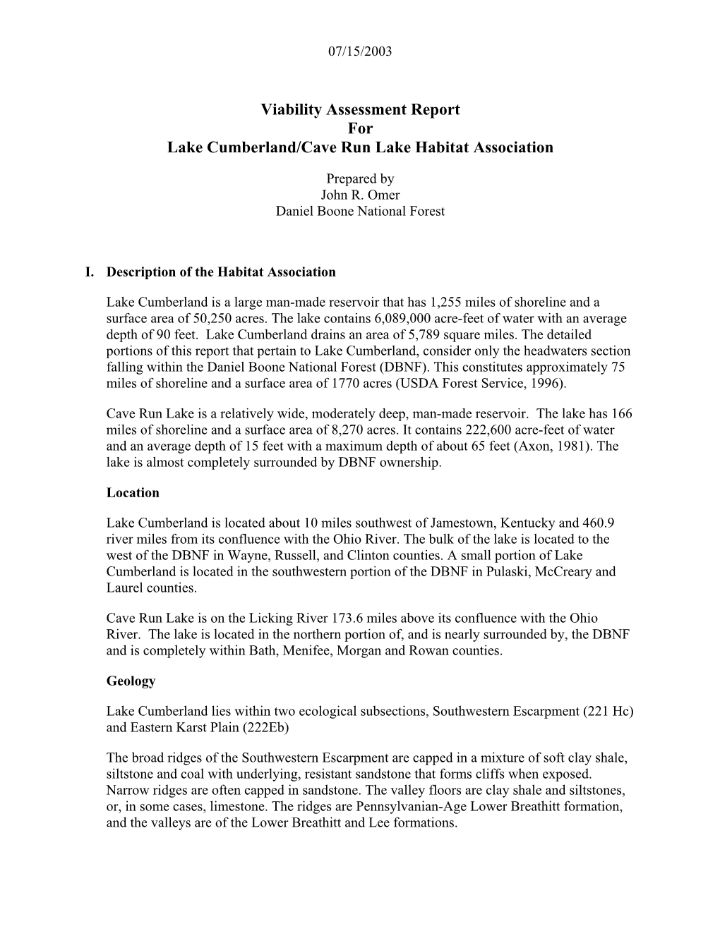 Viability Assessment Report for Lake Cumberland/Cave Run Lake Habitat Association