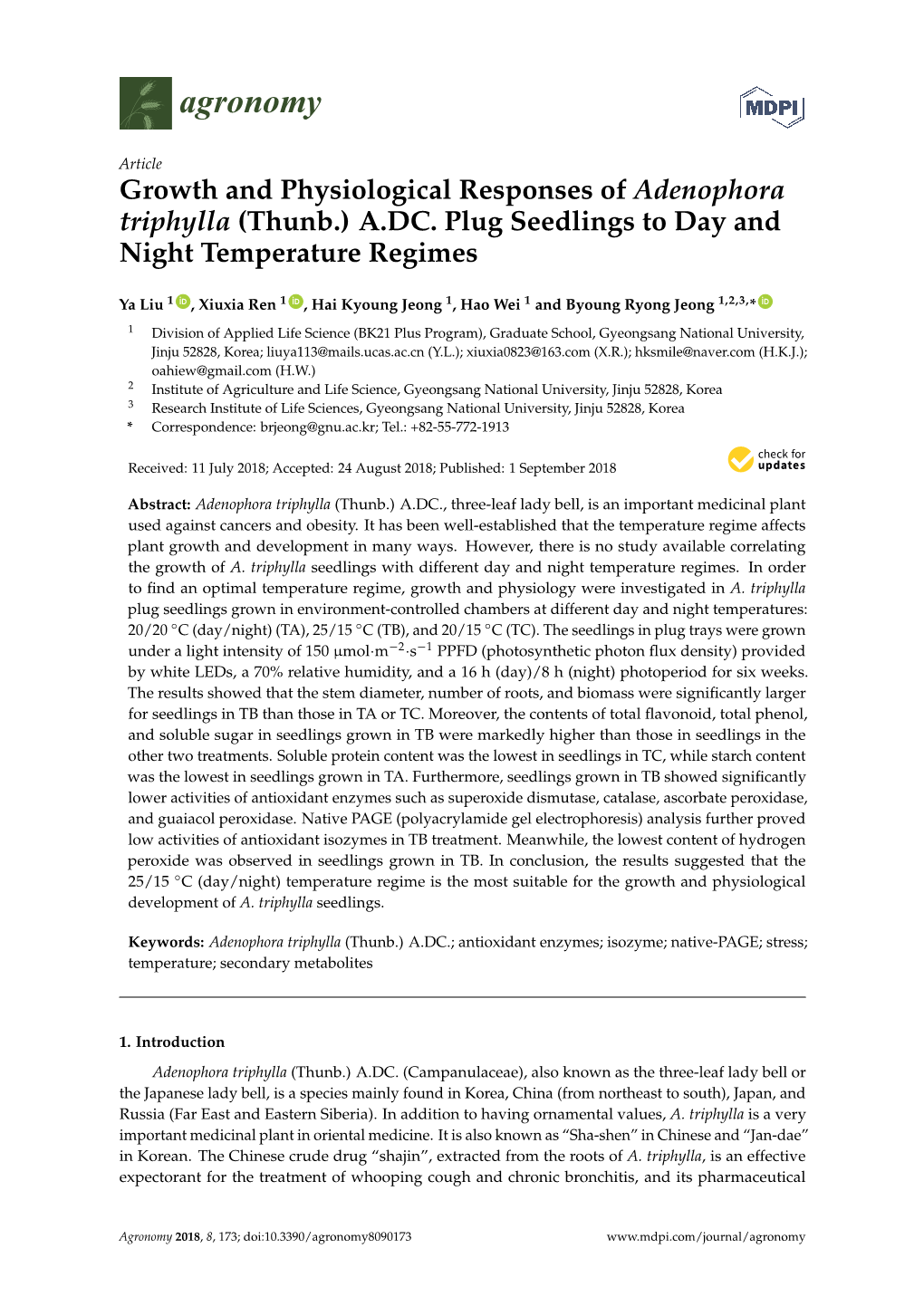 Growth and Physiological Responses of Adenophora Triphylla (Thunb.) A.DC