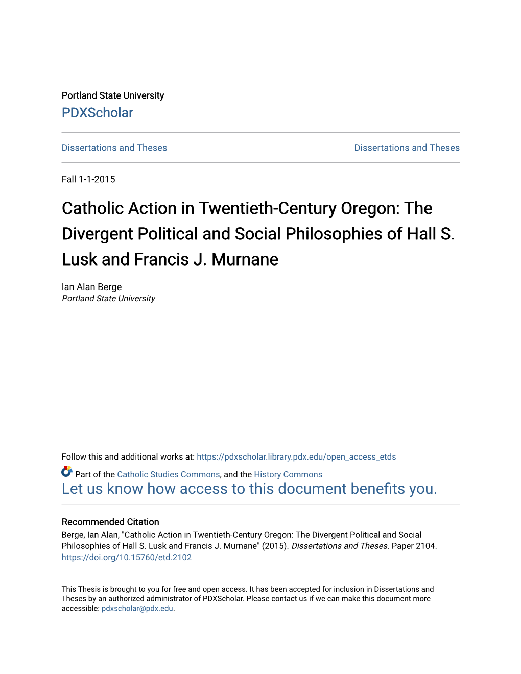 Catholic Action in Twentieth-Century Oregon: the Divergent Political and Social Philosophies of Hall S