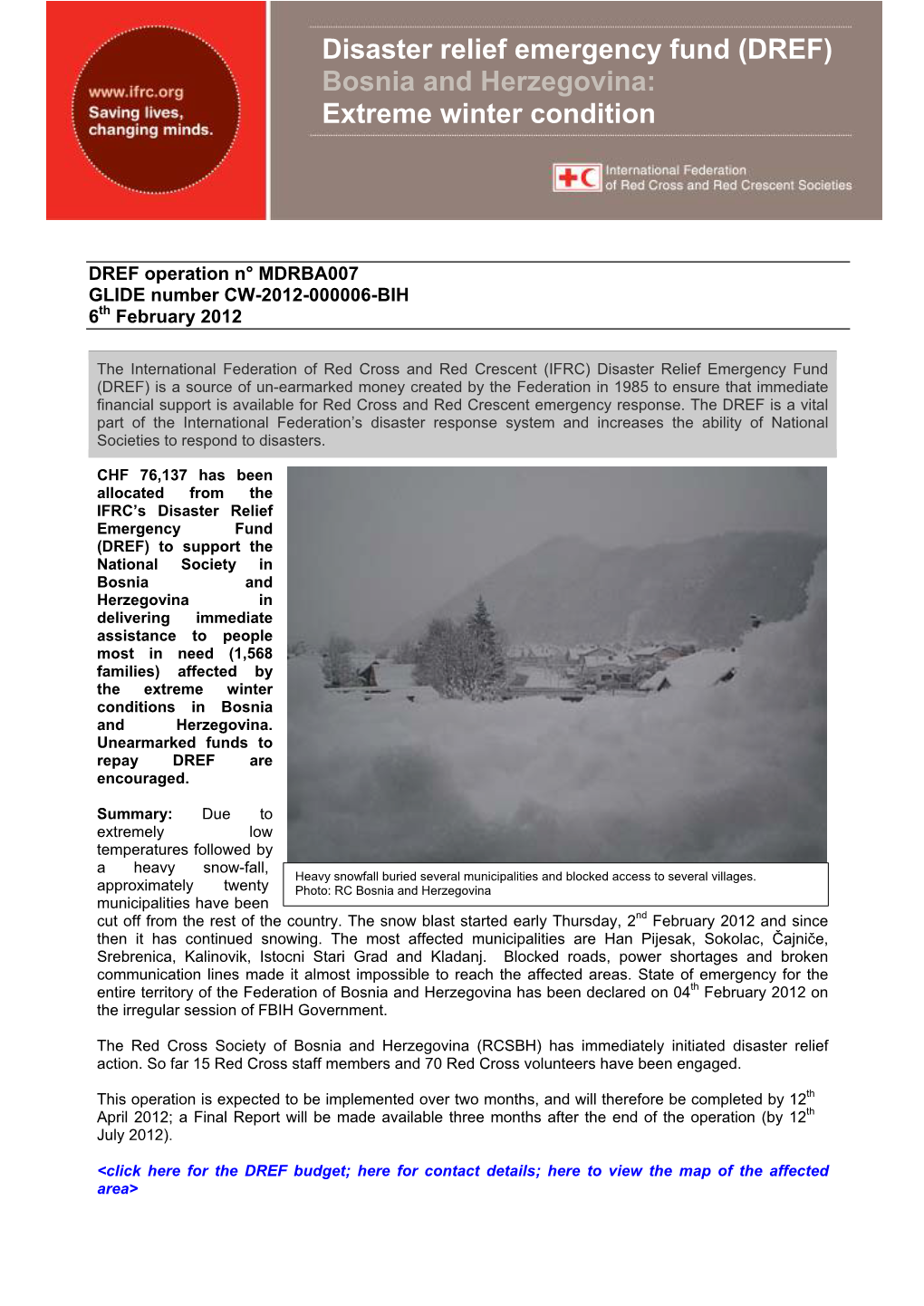 Disaster Relief Emergency Fund (DREF) Bosnia and Herzegovina: Extreme Winter Condition