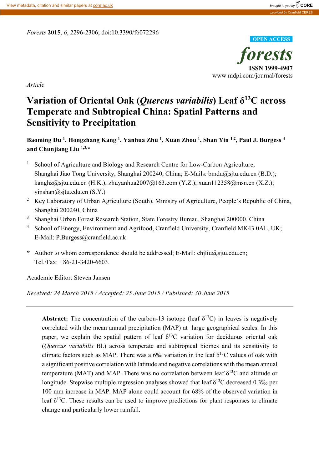 Variation of Oriental Oak(Quercus Variabilis) Leaf Δ13c Across Temperate and Subtropical China