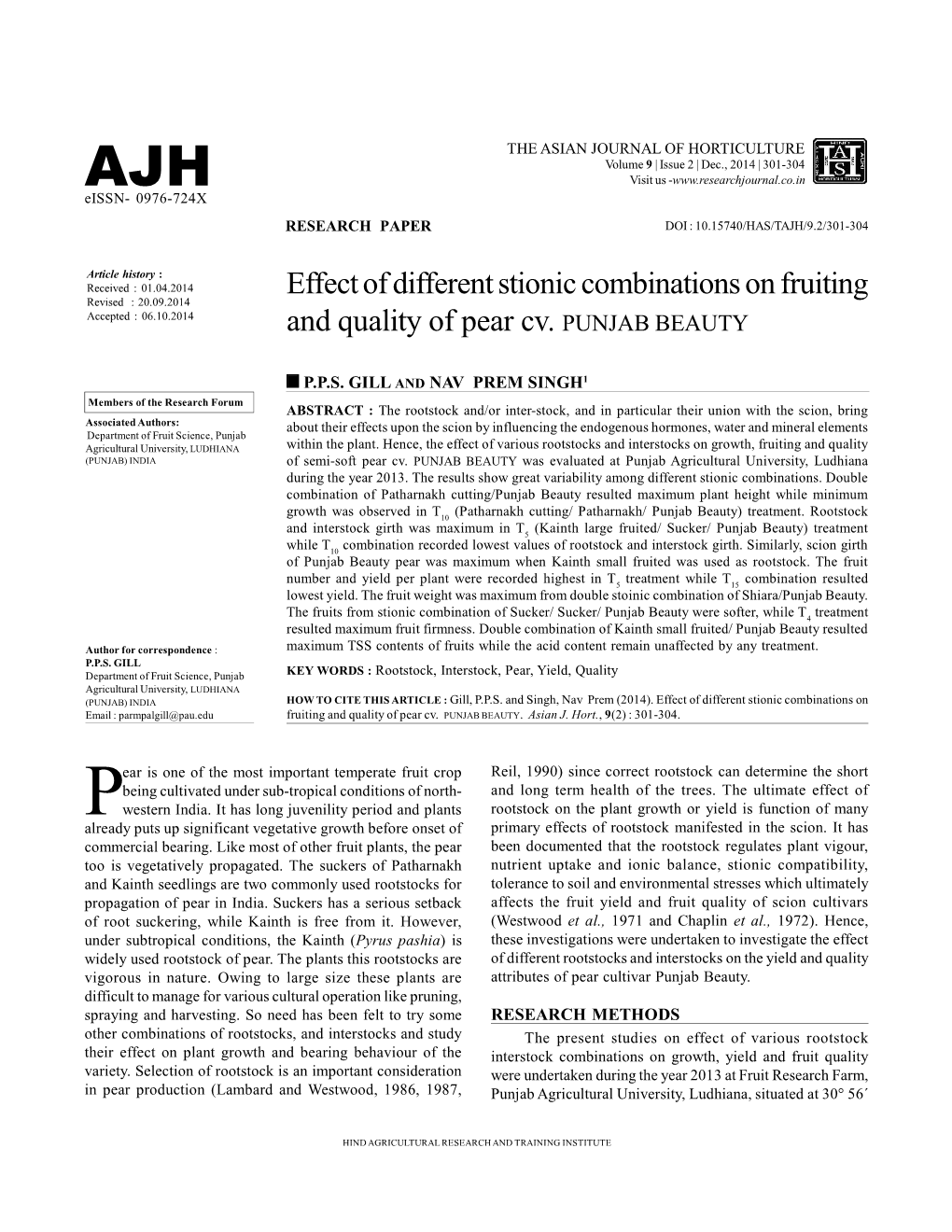 Effect of Different Stionic Combinations on Fruiting and Quality of Pear Cv. PUNJAB BEAUTY