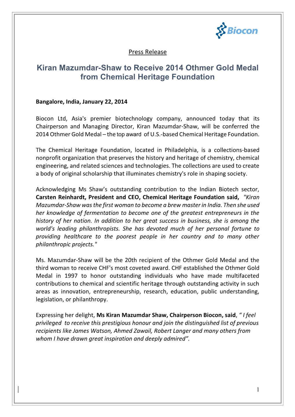 Kiran Mazumdar-Shaw to Receive 2014 Othmer Gold Medal from Chemical Heritage Foundation