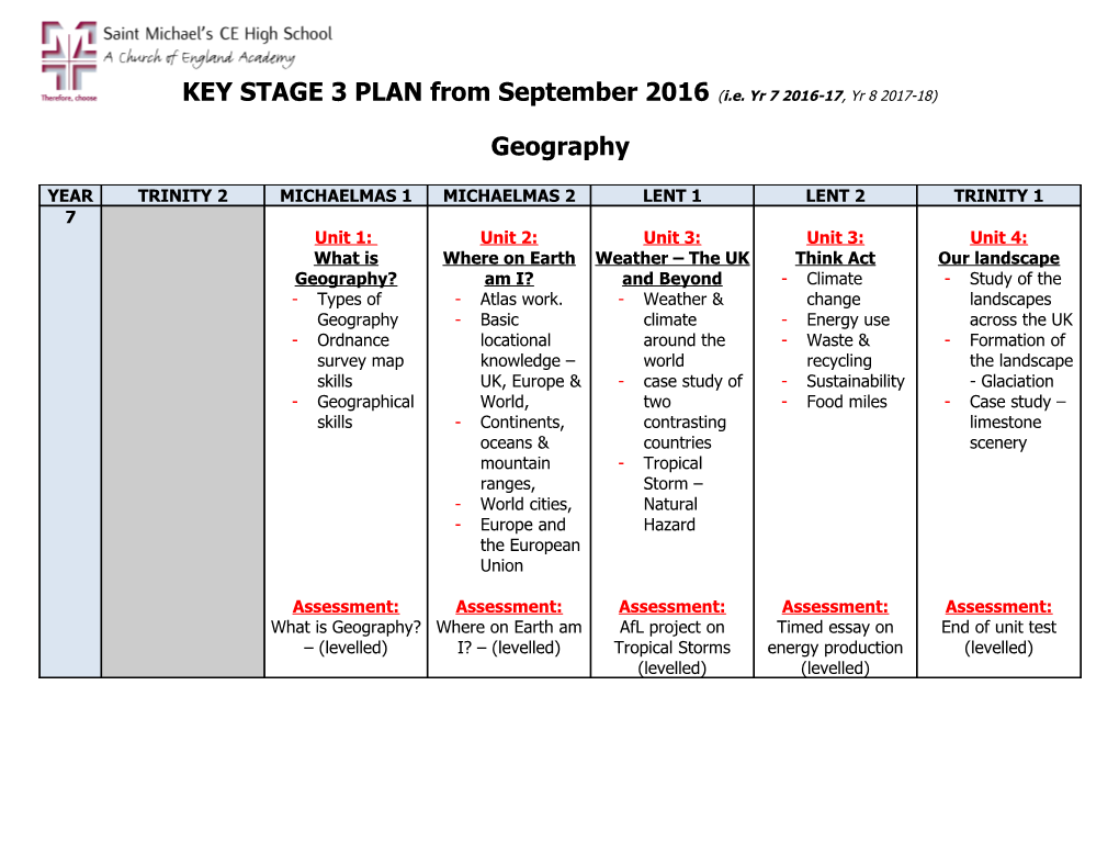 KEY STAGE 3 PLAN from September 2016 ( I.E. Yr 7 2016-17 , Yr 8 2017-18)