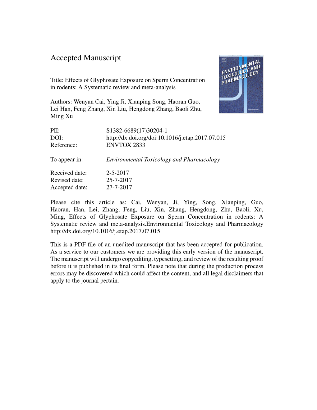 Effects of Glyphosate Exposure on Sperm Concentration in Rodents: a Systematic Review and Meta-Analysis