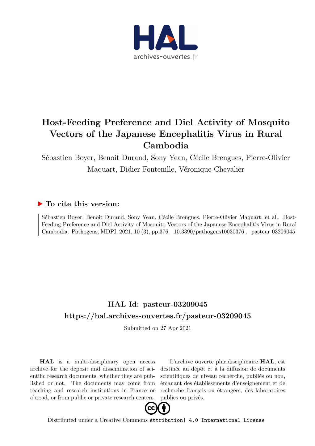 Host-Feeding Preference and Diel Activity of Mosquito Vectors of the Japanese Encephalitis Virus in Rural Cambodia