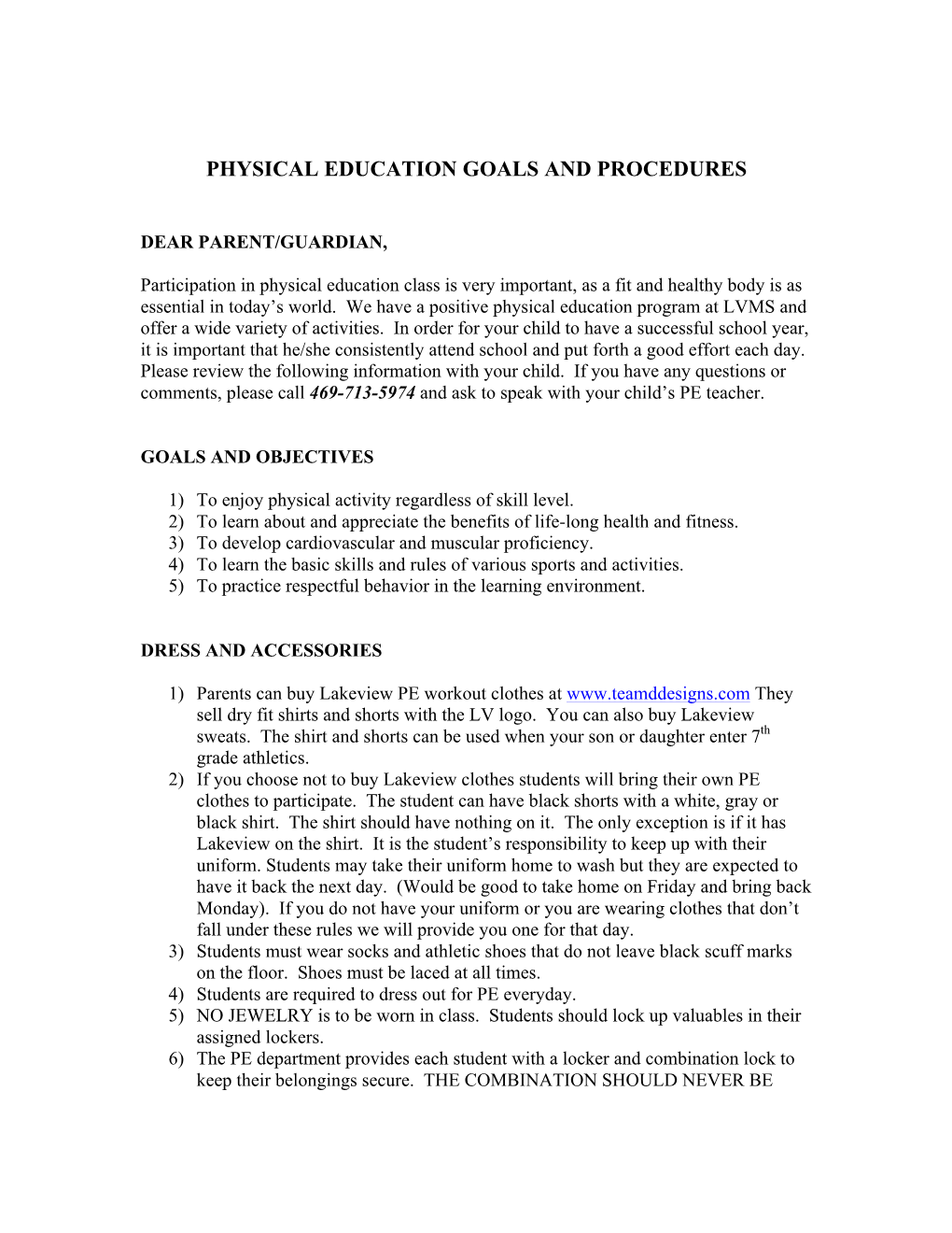 Physical Education Goals and Procedures