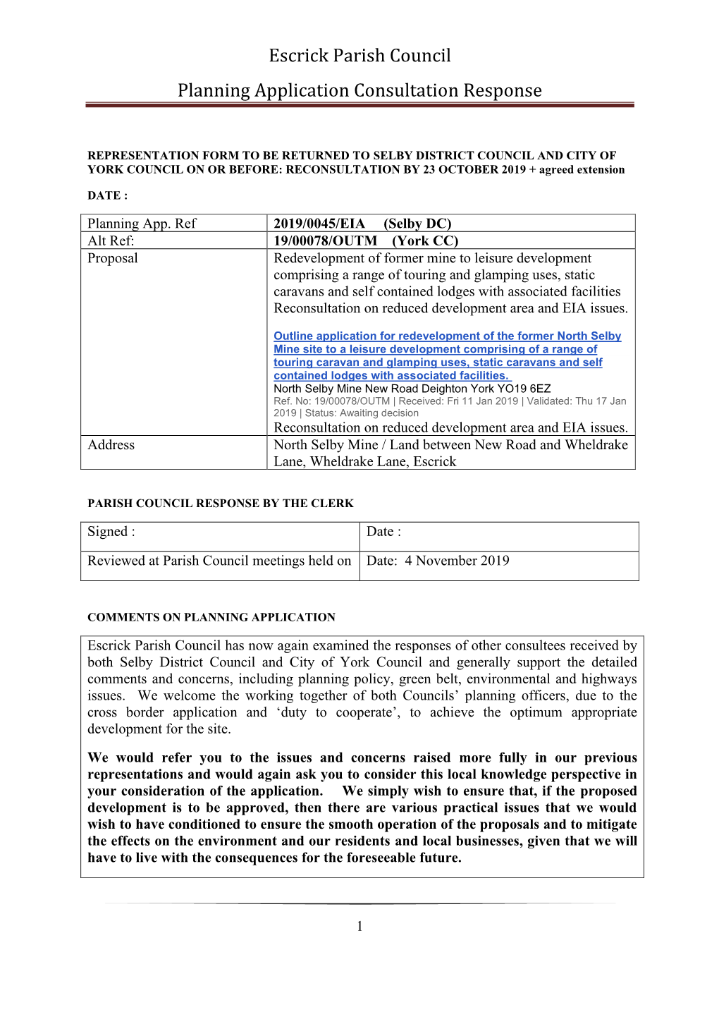 Escrick Parish Council Planning Application Consultation Response