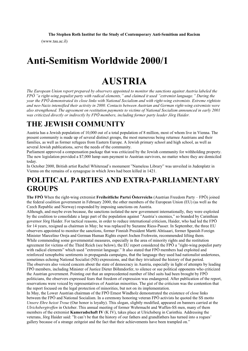 Anti-Semitism Worldwide 2000/1 AUSTRIA