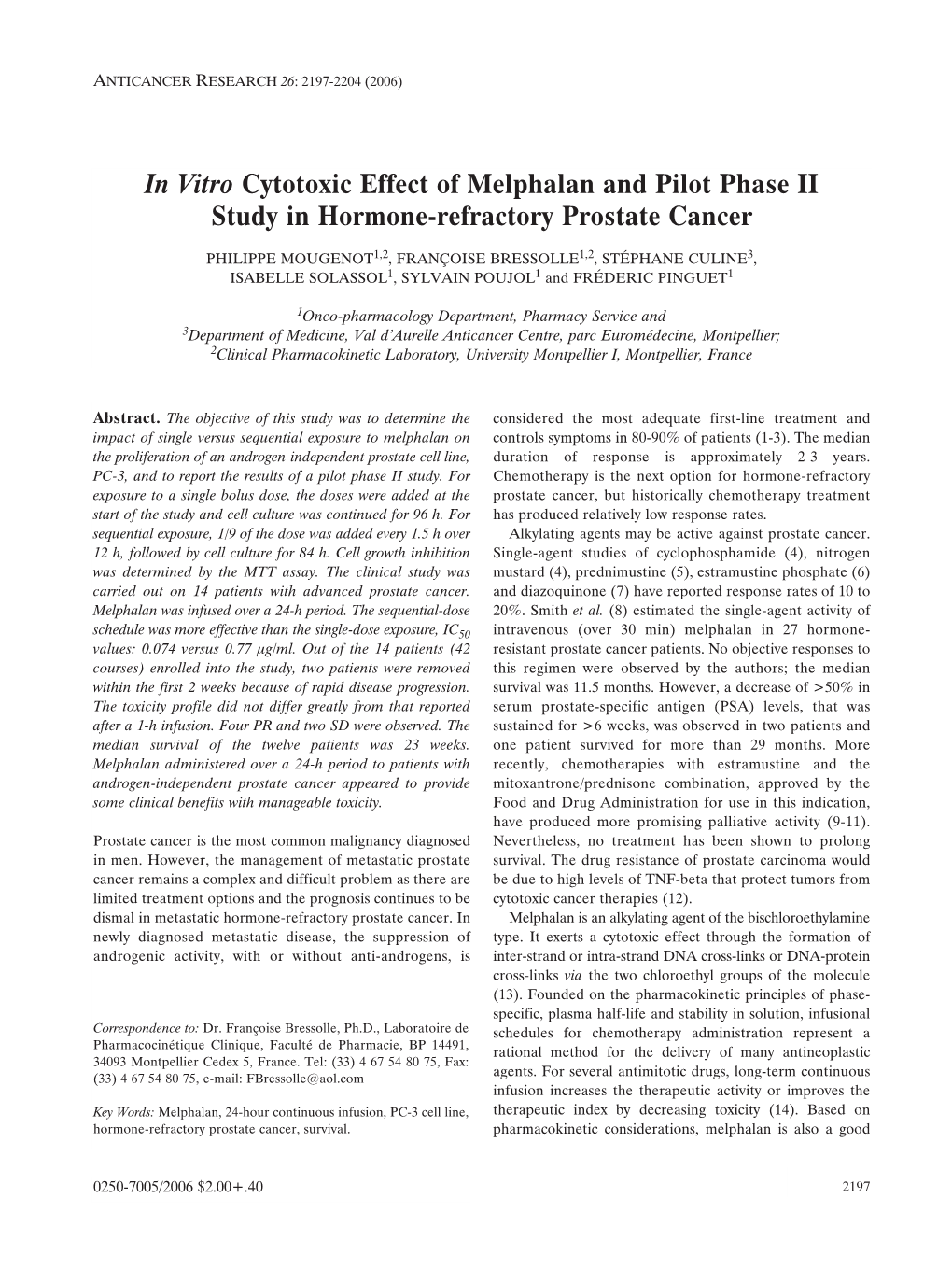 In Vitro Cytotoxic Effect of Melphalan and Pilot Phase II Study in Hormone-Refractory Prostate Cancer