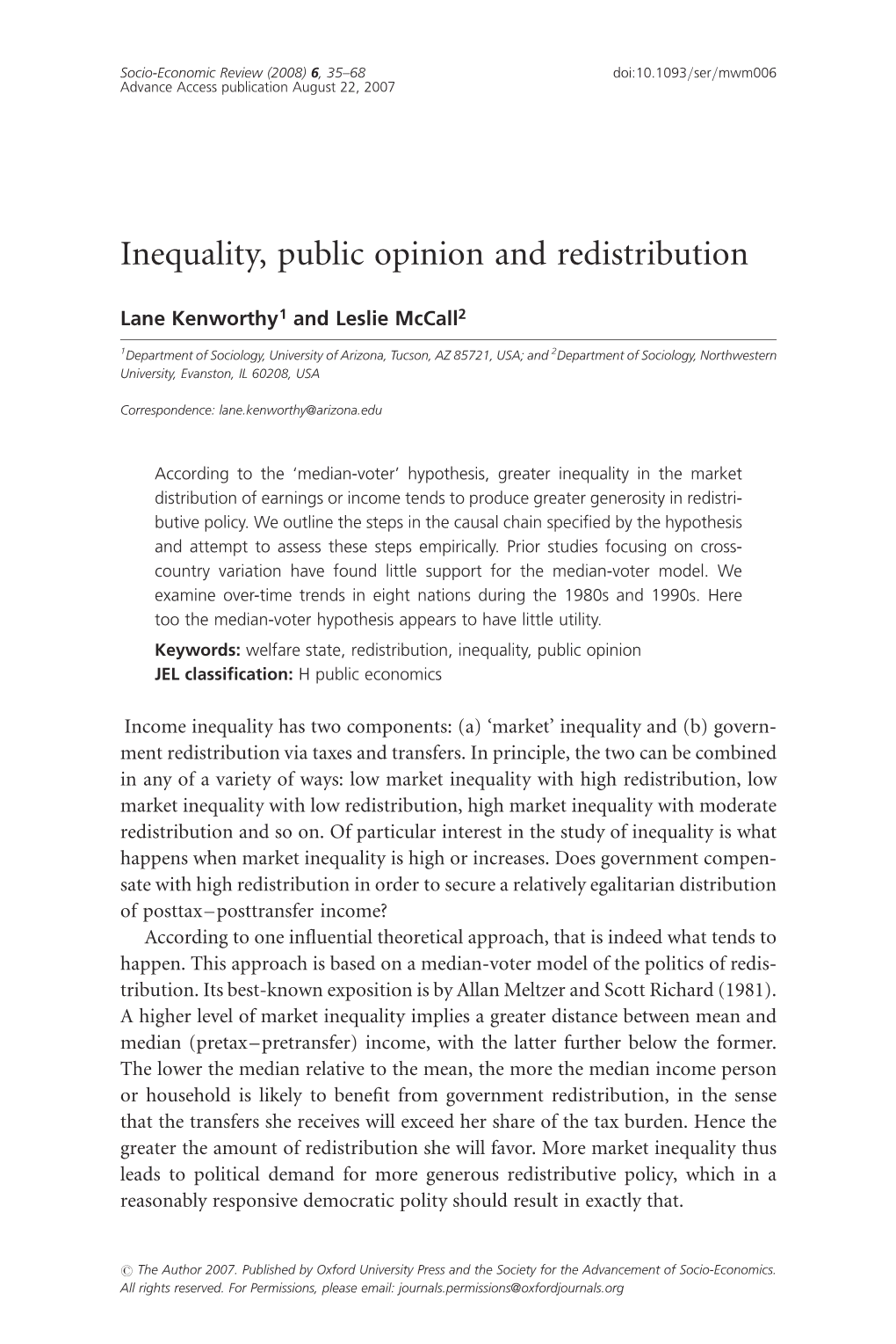 Inequality, Public Opinion and Redistribution