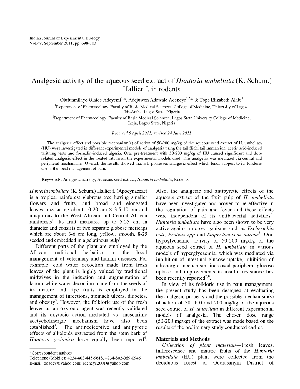 Analgesic Activity of the Aqueous Seed Extract of Hunteria Umbellata (K
