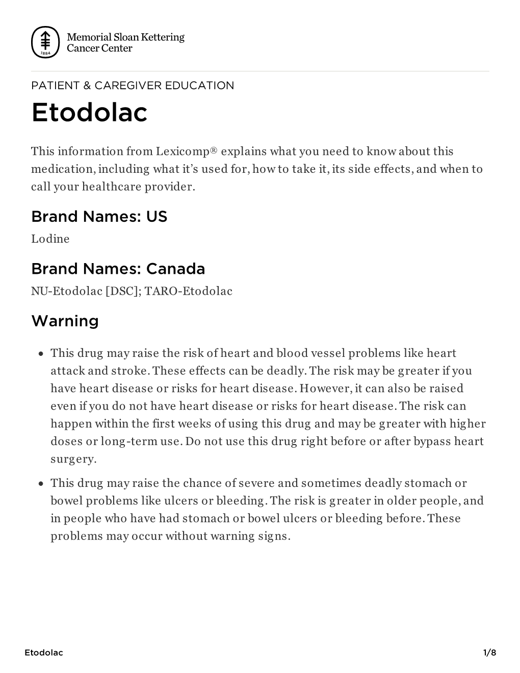 Etodolac | Memorial Sloan Kettering Cancer Center