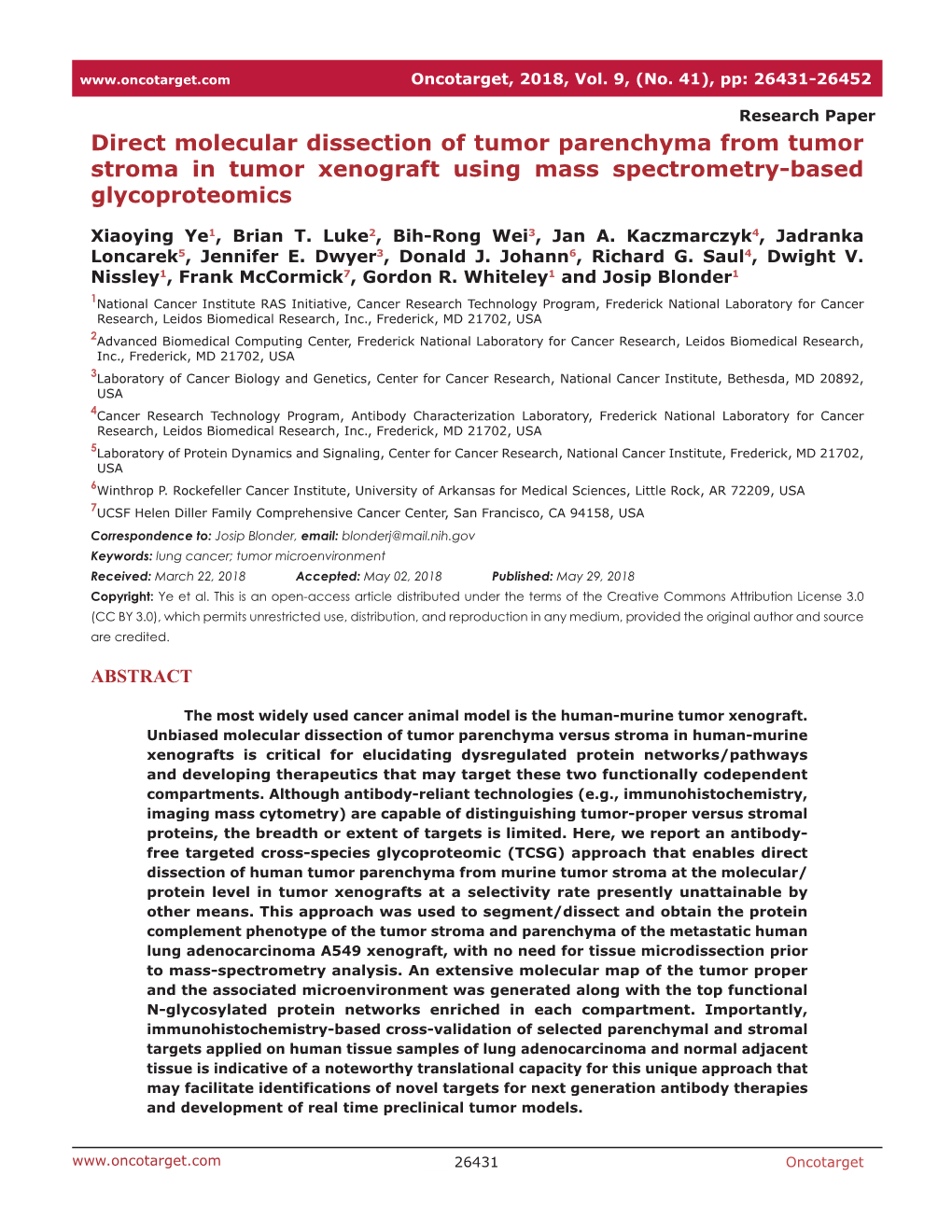 Direct Molecular Dissection of Tumor Parenchyma from Tumor Stroma in Tumor Xenograft Using Mass Spectrometry-Based Glycoproteomics