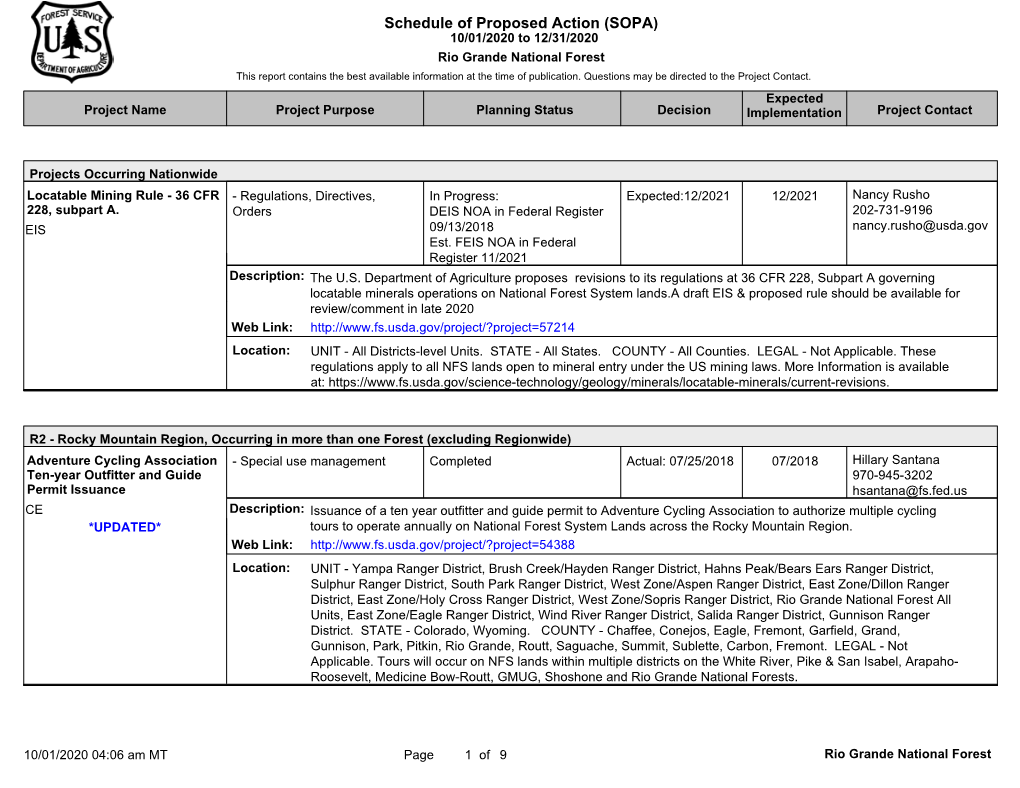 Rio Grande National Forest This Report Contains the Best Available Information at the Time of Publication