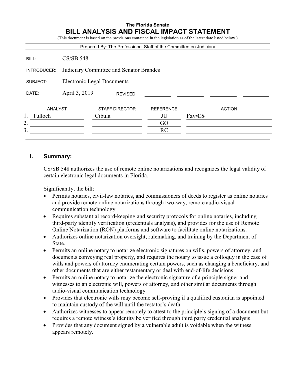 Bill Analysis and Fiscal Impact Statement